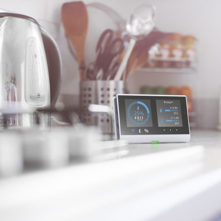 Smart meter in the kitchen of a home showing current energy costs for the day

Design on screen my own. Please see property release.